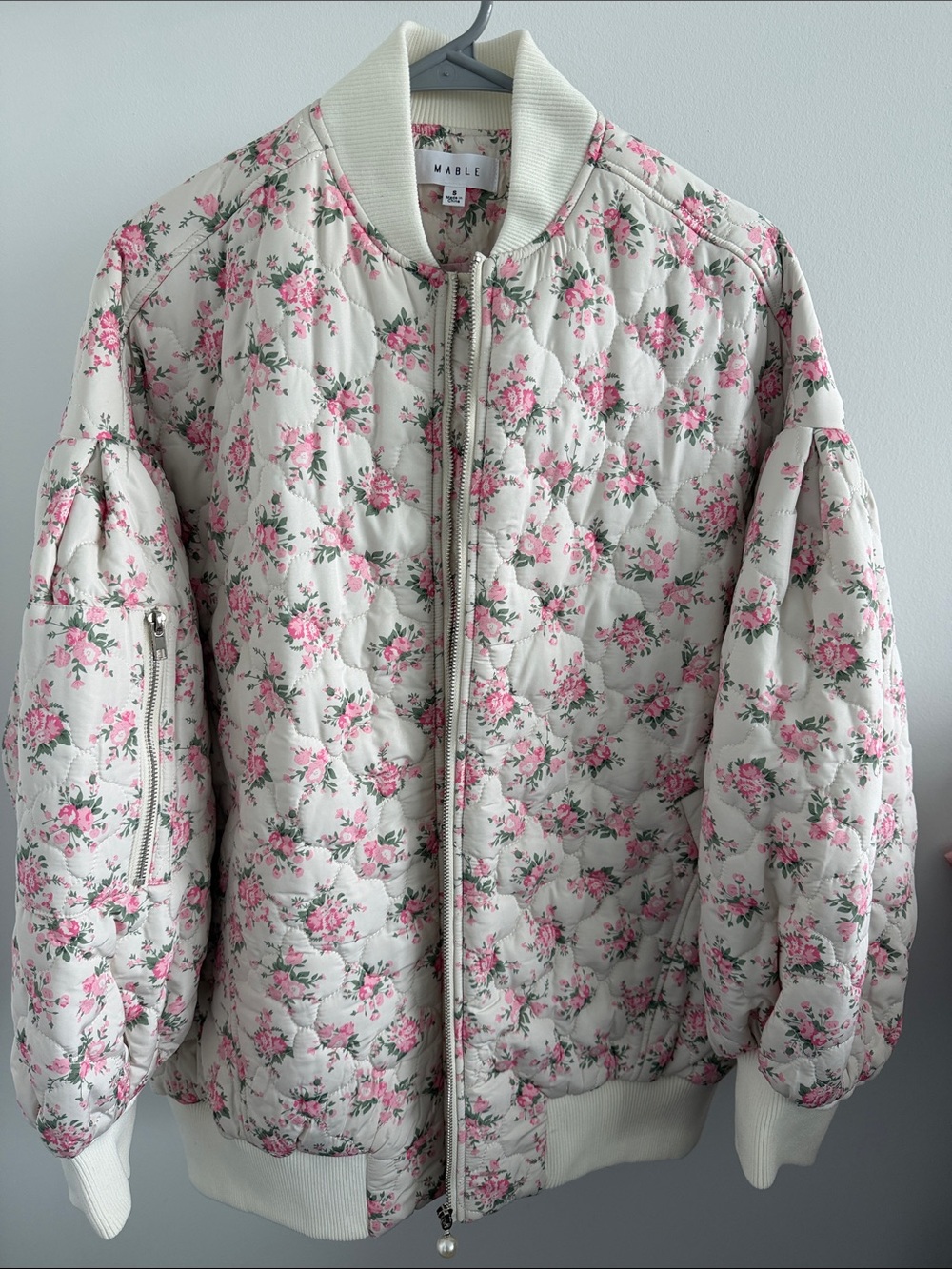 MABLE Cream Quilted Bomber Jacket with Pink Floral Print